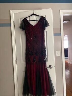 Beaded Burgundy and Black Maxi Dress with Sheer Cap Sleeves, flapper dress